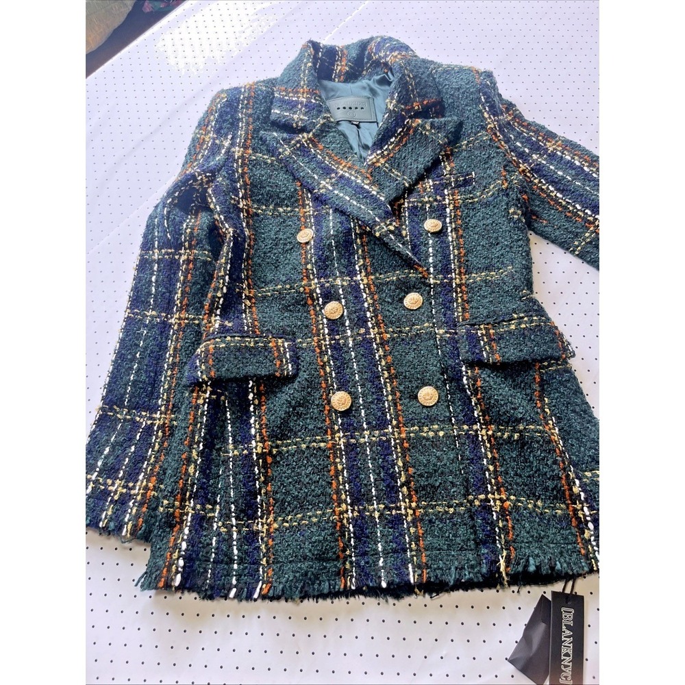 NWT BLANKNYC Double Breasted Plaid Tweedโ Coat Womens XS Emerald Green Gold
